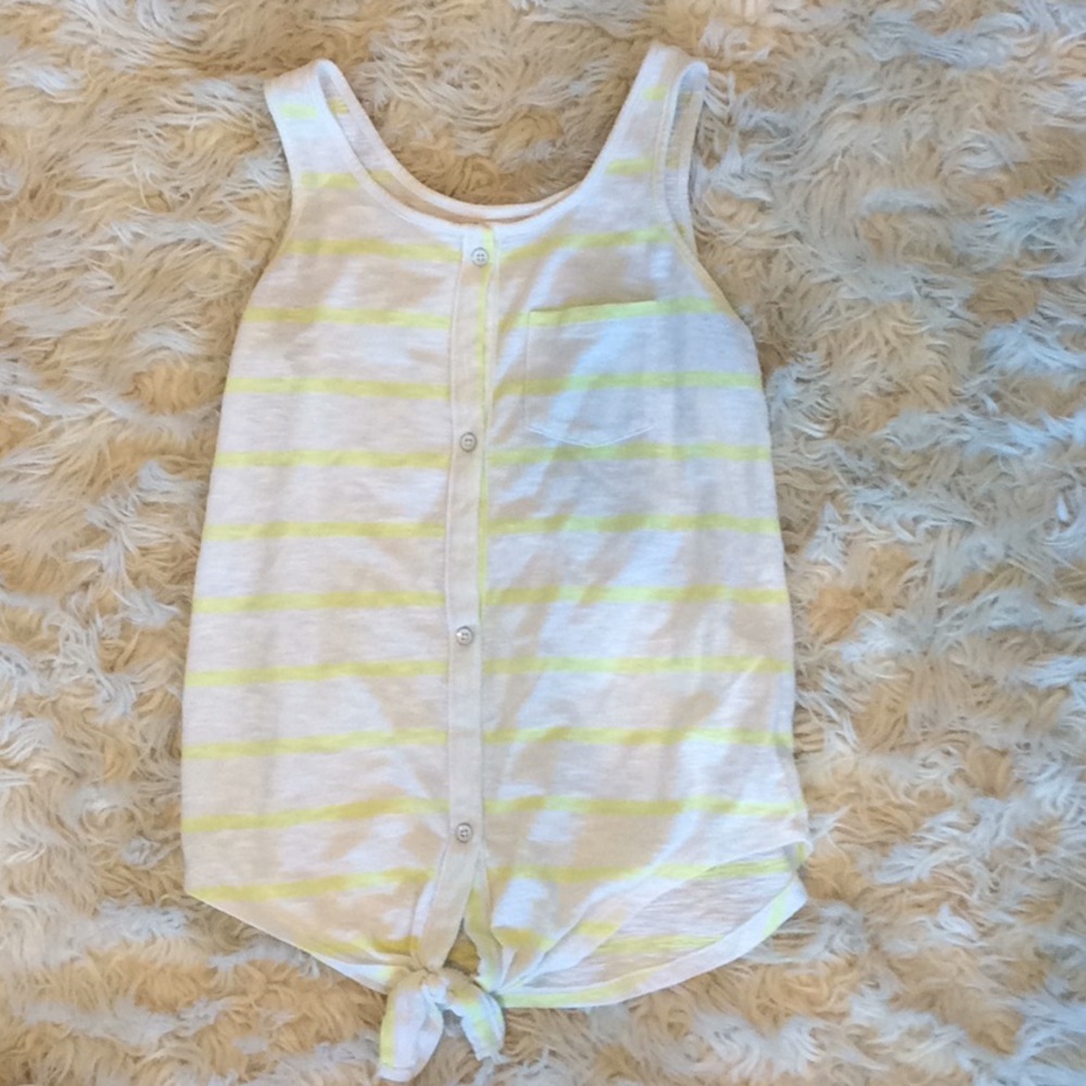 Yellow & White striped tank tied in front.
